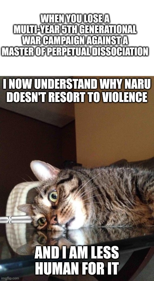 WHEN YOU LOSE A MULTI-YEAR 5TH GENERATIONAL WAR CAMPAIGN AGAINST A MASTER OF PERPETUAL DISSOCIATION; I NOW UNDERSTAND WHY NARU DOESN'T RESORT TO VIOLENCE; AND I AM LESS HUMAN FOR IT | image tagged in blank white template,existential crisis cat | made w/ Imgflip meme maker