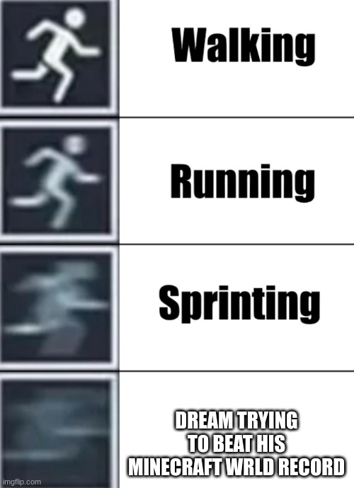 Walk jog run sprint meme | DREAM TRYING TO BEAT HIS MINECRAFT WRLD RECORD | image tagged in walk jog run sprint meme | made w/ Imgflip meme maker