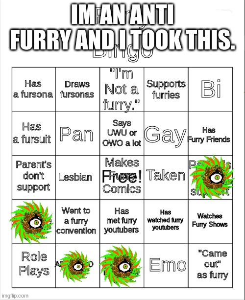 i took the test, and i passed. i'm on the anti furry team | IM AN ANTI FURRY AND I TOOK THIS. | image tagged in furry bingo | made w/ Imgflip meme maker