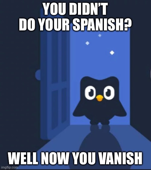 Duolingo bird | YOU DIDN’T DO YOUR SPANISH? WELL NOW YOU VANISH | image tagged in duolingo bird | made w/ Imgflip meme maker