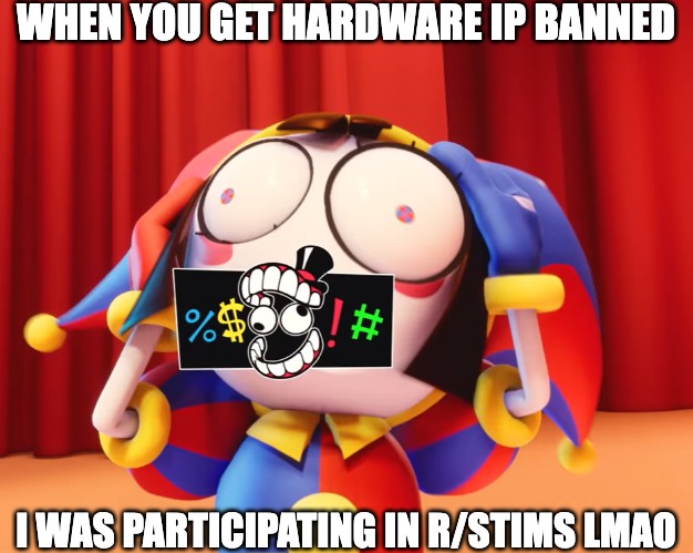 Oof. | WHEN YOU GET HARDWARE IP BANNED; I WAS PARTICIPATING IN R/STIMS LMAO | image tagged in pomni swearing,pomni,stims,psychonaut,drugs,war on drugs | made w/ Imgflip meme maker