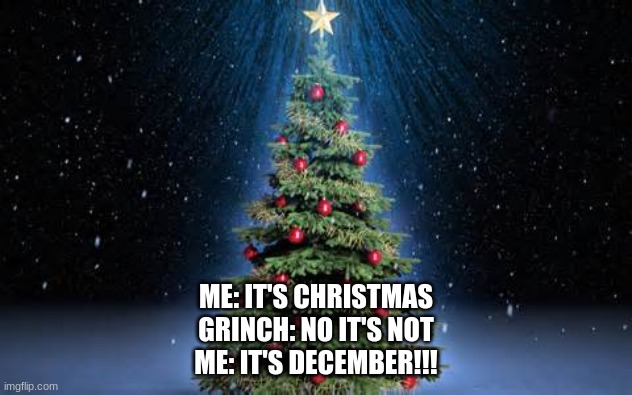 christmas tree | ME: IT'S CHRISTMAS
GRINCH: NO IT'S NOT
ME: IT'S DECEMBER!!! | image tagged in christmas tree | made w/ Imgflip meme maker