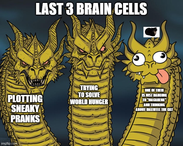 last 3 brain cells | LAST 3 BRAIN CELLS; TRYING TO SOLVE WORLD HUNGER; ONE OF THEM IS JUST DANCING TO "MACARENA" AND THINKING ABOUT MAXWELL THE CAT; PLOTTING SNEAKY PRANKS | image tagged in three-headed dragon | made w/ Imgflip meme maker