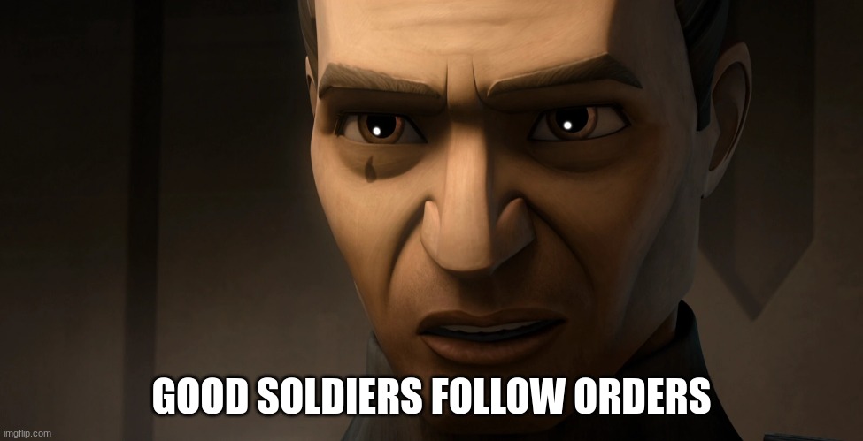 clone trooper tup | GOOD SOLDIERS FOLLOW ORDERS | image tagged in clone trooper tup | made w/ Imgflip meme maker