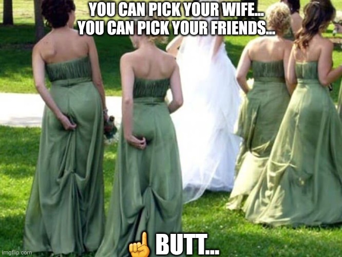 Wedding malfunction | YOU CAN PICK YOUR WIFE...
YOU CAN PICK YOUR FRIENDS... ☝️BUTT... | image tagged in marriage,wedding meme | made w/ Imgflip meme maker