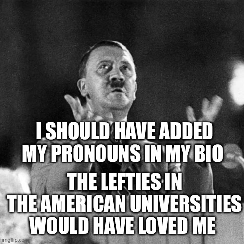 Hit/Ler | I SHOULD HAVE ADDED MY PRONOUNS IN MY BIO; THE LEFTIES IN THE AMERICAN UNIVERSITIES WOULD HAVE LOVED ME | image tagged in cfk hitler,pronouns,pronouns sheet,adolf hitler | made w/ Imgflip meme maker