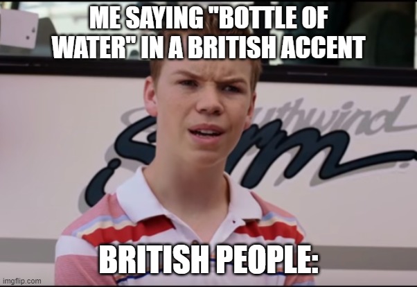 We offend them... | ME SAYING "BOTTLE OF WATER" IN A BRITISH ACCENT; BRITISH PEOPLE: | image tagged in you guys are getting paid,british | made w/ Imgflip meme maker