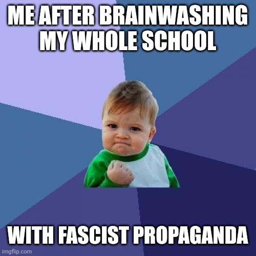 fun stream ahh meme | ME AFTER BRAINWASHING MY WHOLE SCHOOL; WITH FASCIST PROPAGANDA | image tagged in memes,success kid | made w/ Imgflip meme maker