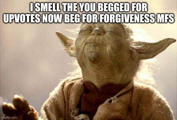 yoda smell | I SMELL THE YOU BEGGED FOR UPVOTES NOW BEG FOR FORGIVENESS MFS | image tagged in yoda smell | made w/ Imgflip meme maker