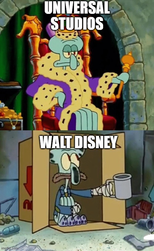 2023 for both companies be like | UNIVERSAL STUDIOS; WALT DISNEY | image tagged in king squidward poor squidward,walt disney,universal studios,super mario bros,five nights at freddys,2023 | made w/ Imgflip meme maker