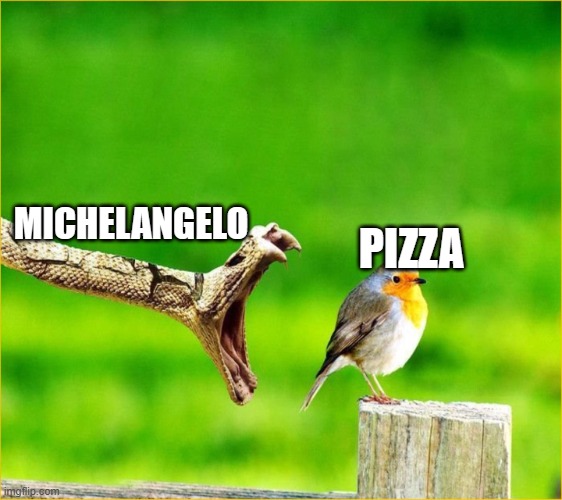 Mickey every time he sees pizza | MICHELANGELO; PIZZA | image tagged in snake reality bites,michelangelo,teenage mutant ninja turtles,tmnt,pizza,nickelodeon | made w/ Imgflip meme maker