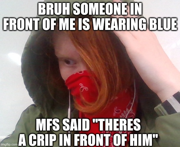 what do | BRUH SOMEONE IN FRONT OF ME IS WEARING BLUE; MFS SAID "THERES A CRIP IN FRONT OF HIM" | made w/ Imgflip meme maker