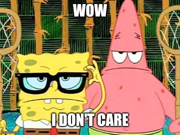 Badass Spongebob and Patrick | WOW I DON'T CARE | image tagged in badass spongebob and patrick | made w/ Imgflip meme maker