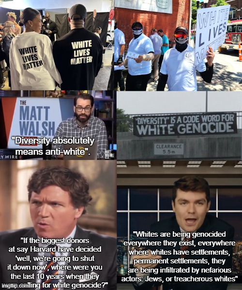 Mainstream conservatism mainstreaming white supremacy | "Diversity absolutely means anti-white". "If the biggest donors at say Harvard have decided 'well, we're going to shut it down now', where were you the last 10 years when they were calling for white genocide?"; "Whites are being genocided everywhere they exist, everywhere where whites have settlements, permanent settlements, they are being infiltrated by nefarious actors: Jews, or treacherous whites" | image tagged in white supremacy,white nationalism,nick fuentes,nazis,conservatives,conservative logic | made w/ Imgflip meme maker