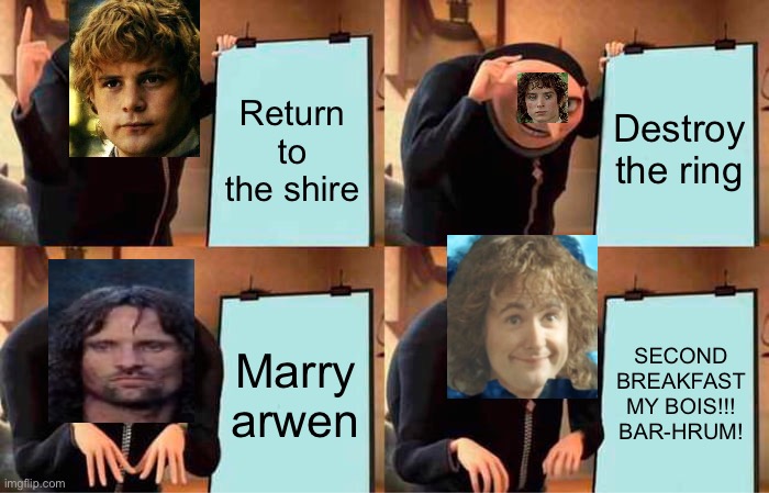 Gru's Plan Meme | Return to the shire; Destroy the ring; Marry arwen; SECOND BREAKFAST MY BOIS!!!
BAR-HRUM! | image tagged in memes,gru's plan,lord of the rings,the hobbit | made w/ Imgflip meme maker