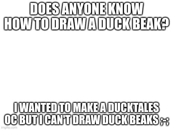 Can someone help? | DOES ANYONE KNOW HOW TO DRAW A DUCK BEAK? I WANTED TO MAKE A DUCKTALES OC BUT I CAN'T DRAW DUCK BEAKS ;-; | made w/ Imgflip meme maker