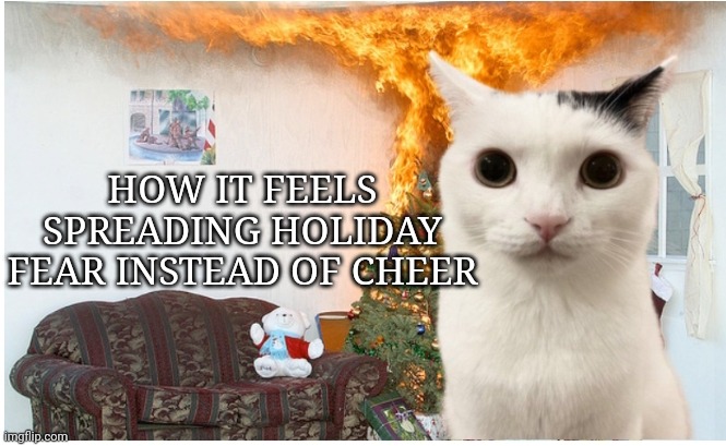 Cat Christmas | HOW IT FEELS SPREADING HOLIDAY FEAR INSTEAD OF CHEER | image tagged in cat christmas | made w/ Imgflip meme maker