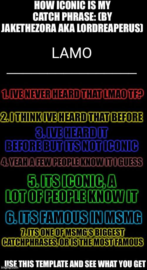 How iconic is my catchphrase | LAMO | image tagged in how iconic is my catchphrase | made w/ Imgflip meme maker