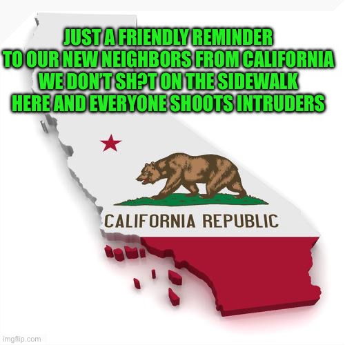 Public service announcement | JUST A FRIENDLY REMINDER TO OUR NEW NEIGHBORS FROM CALIFORNIA WE DON’T SH?T ON THE SIDEWALK HERE AND EVERYONE SHOOTS INTRUDERS | image tagged in california,democrats | made w/ Imgflip meme maker