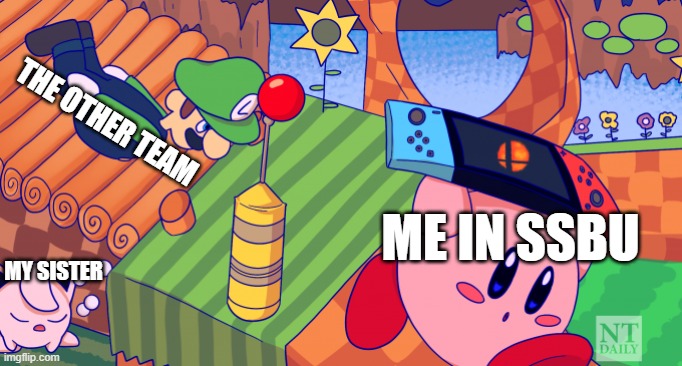COLORS (something i forgot the lyrics) | THE OTHER TEAM; ME IN SSBU; MY SISTER | image tagged in run kirby run | made w/ Imgflip meme maker