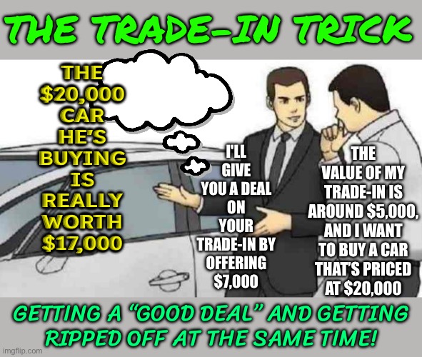 The Trade-In Trick | THE TRADE-IN TRICK; THE
$20,000
CAR
HE'S
BUYING
IS
REALLY
WORTH
$17,000; I'LL GIVE YOU A DEAL ON YOUR TRADE-IN BY OFFERING $7,000; THE VALUE OF MY TRADE-IN IS AROUND $5,000, AND I WANT TO BUY A CAR
THAT’S PRICED
AT $20,000; GETTING A “GOOD DEAL” AND GETTING
RIPPED OFF AT THE SAME TIME! | image tagged in memes,car salesman slaps roof of car,trade,used car salesman,car salesman,car salesman slaps hood of car | made w/ Imgflip meme maker