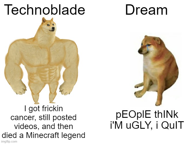 Buff Doge vs. Cheems | Technoblade; Dream; I got frickin cancer, still posted videos, and then died a Minecraft legend; pEOplE thINk i'M uGLY, i QuIT | image tagged in memes,buff doge vs cheems | made w/ Imgflip meme maker