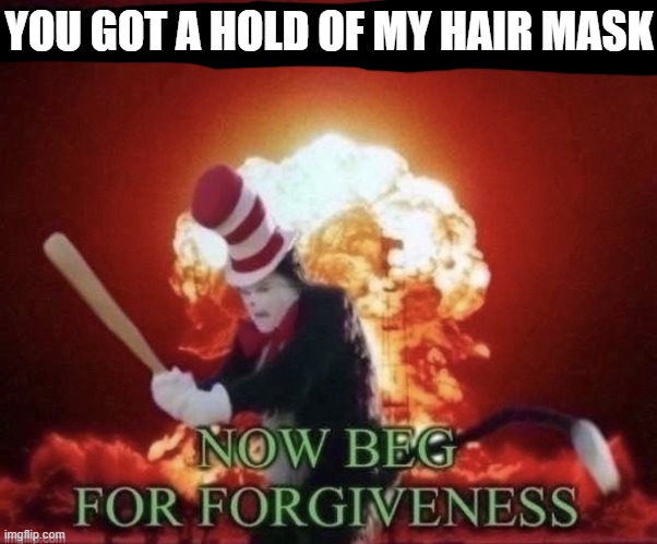 Now i gotta wash that frickin hair mask again that stupid dog - i might as well make her be an outside dog | YOU GOT A HOLD OF MY HAIR MASK | image tagged in beg for forgiveness,memes,relatable,pets can be jerks sometimes,bad dog,savage memes | made w/ Imgflip meme maker