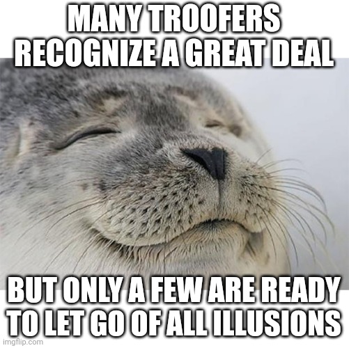 Troofers | MANY TROOFERS RECOGNIZE A GREAT DEAL; BUT ONLY A FEW ARE READY TO LET GO OF ALL ILLUSIONS | image tagged in memes,satisfied seal,illusions | made w/ Imgflip meme maker