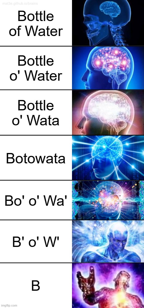 [Insert Title Here] | Bottle of Water; Bottle o' Water; Bottle o' Wata; Botowata; Bo' o' Wa'; B' o' W'; B | image tagged in 7-tier expanding brain,how to,say,water,oh wow are you actually reading these tags | made w/ Imgflip meme maker