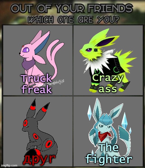 Out of your friends which are you? | Crazy
ass; Truck
freak; The
fighter; дpyr | image tagged in out of all your friends which are you,alex,colt,kitty,frost | made w/ Imgflip meme maker