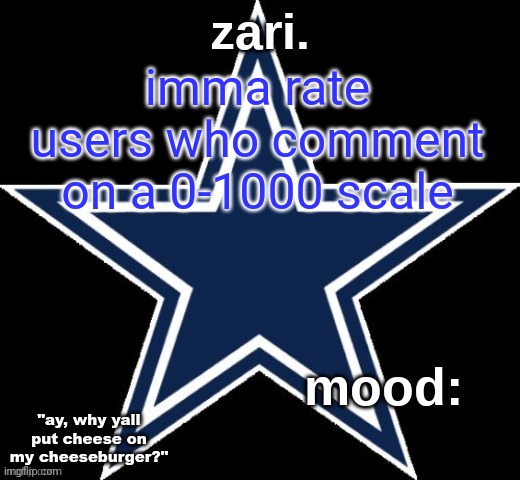 zari.'s Dallas Cowboys announcement temp | imma rate users who comment on a 0-1000 scale | image tagged in zari 's dallas cowboys announcement temp | made w/ Imgflip meme maker