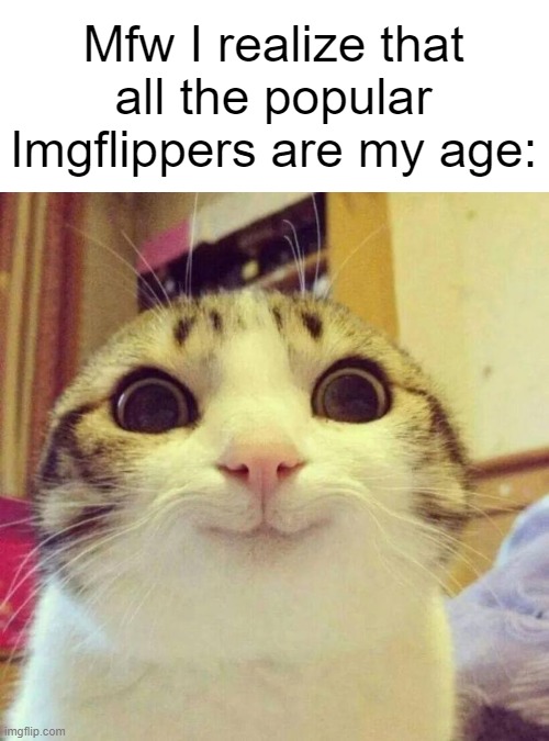 im 13 yippee ;-; | Mfw I realize that all the popular Imgflippers are my age: | image tagged in memes,smiling cat,funny,pov,my face when,relatable | made w/ Imgflip meme maker