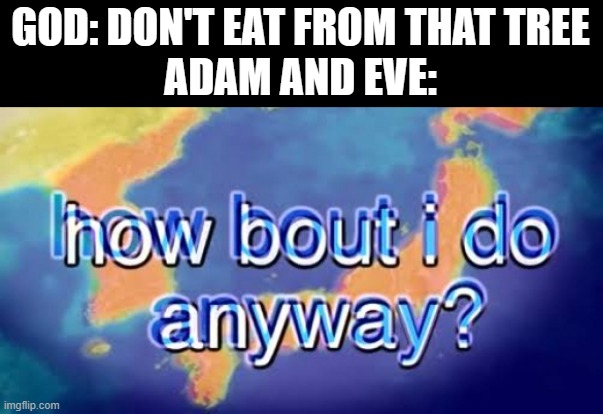 (Pretend this is a clever title) | GOD: DON'T EAT FROM THAT TREE
ADAM AND EVE: | image tagged in how bout i do anyway,meme,christian | made w/ Imgflip meme maker