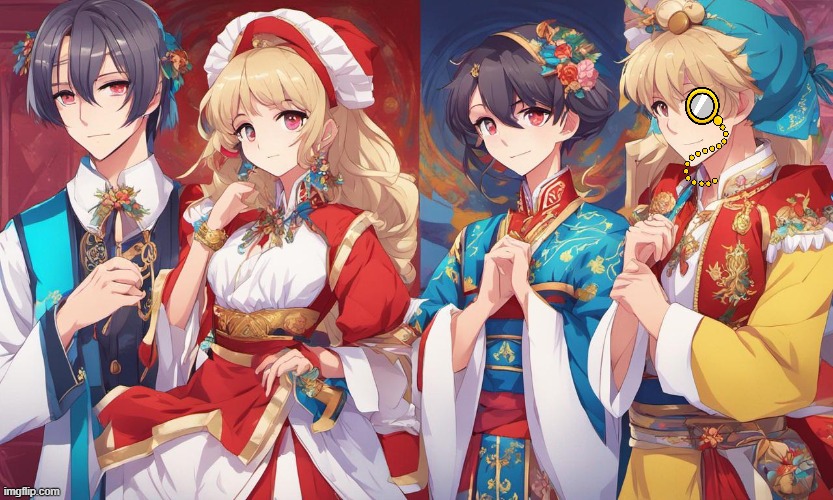 Ai anime art saved by addition of monocle. Cultural fusion of Polish, German, Italian, Hispanic, and Filipino Traditional Dress. | image tagged in ai anime art,german,polish,italian,hispanic,filipino | made w/ Imgflip meme maker