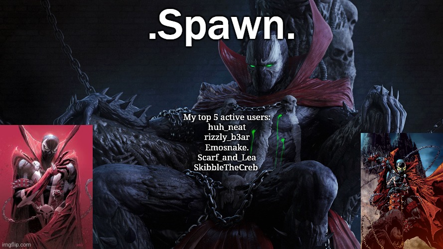 .Spawn. | My top 5 active users:
huh_neat
rizzly_b3ar
Emosnake.
Scarf_and_Lea
SkibbleTheCreb | image tagged in spawn | made w/ Imgflip meme maker