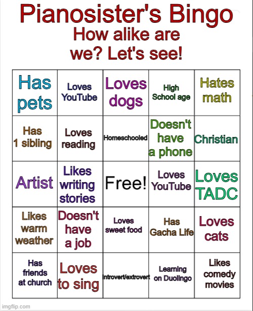 I did this because why not | Pianosister's Bingo; How alike are we? Let's see! Loves dogs; Loves YouTube; Hates math; Has pets; High School age; Homeschooled; Has 1 sibling; Christian; Doesn't have a phone; Loves reading; Loves YouTube; Artist; Loves TADC; Likes writing stories; Has Gacha Life; Loves sweet food; Likes warm weather; Doesn't have a job; Loves cats; Introvert/extrovert; Loves to sing; Likes comedy movies; Has friends at church; Learning on Duolingo | image tagged in blank bingo,idk | made w/ Imgflip meme maker