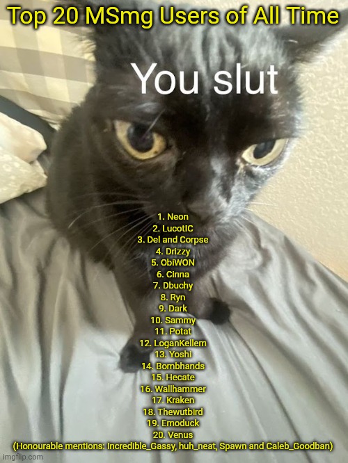 You slut | Top 20 MSmg Users of All Time; 1. Neon
2. LucotIC
3. Del and Corpse
4. Drizzy
5. ObiWON
6. Cinna
7. Dbuchy
8. Ryn
9. Dark
10. Sammy
11. Potat
12. LoganKellem
13. Yoshi
14. Bombhands
15. Hecate
16. Wallhammer
17. Kraken
18. Thewutbird
19. Emoduck
20. Venus
(Honourable mentions: Incredible_Gassy, huh_neat, Spawn and Caleb_Goodban) | image tagged in you slut | made w/ Imgflip meme maker