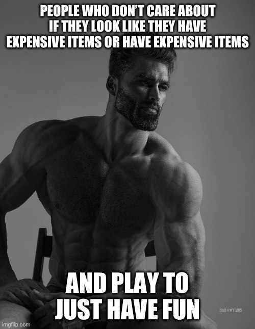 Giga Chad | PEOPLE WHO DON’T CARE ABOUT IF THEY LOOK LIKE THEY HAVE EXPENSIVE ITEMS OR HAVE EXPENSIVE ITEMS AND PLAY TO JUST HAVE FUN | image tagged in giga chad | made w/ Imgflip meme maker