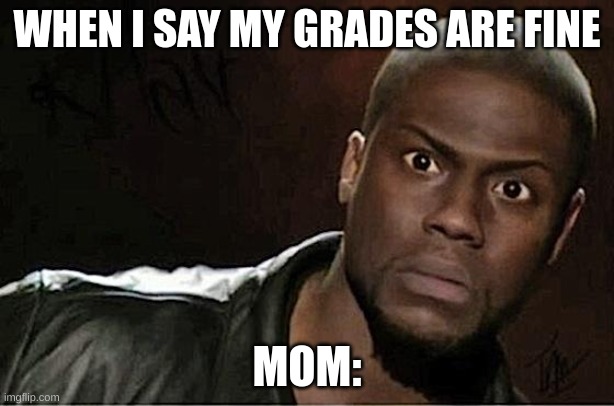 Kevin Hart Meme | WHEN I SAY MY GRADES ARE FINE; MOM: | image tagged in memes,kevin hart | made w/ Imgflip meme maker