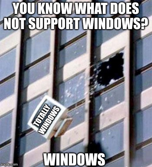 Computer out window | YOU KNOW WHAT DOES NOT SUPPORT WINDOWS? WINDOWS TOTALLY WINDOWS | image tagged in computer out window | made w/ Imgflip meme maker