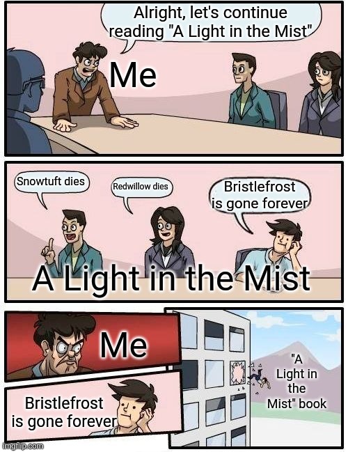 Yet, again, ANOTHER one of THESE?!? | Alright, let's continue reading "A Light in the Mist"; Me; Snowtuft dies; Redwillow dies; Bristlefrost is gone forever; A Light in the Mist; Me; "A Light in the Mist" book; Bristlefrost is gone forever | image tagged in memes,boardroom meeting suggestion,bruh,warrior cats,how dare you | made w/ Imgflip meme maker
