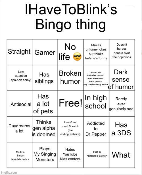 Made this thing | image tagged in ihavetoblink s bingo thing | made w/ Imgflip meme maker