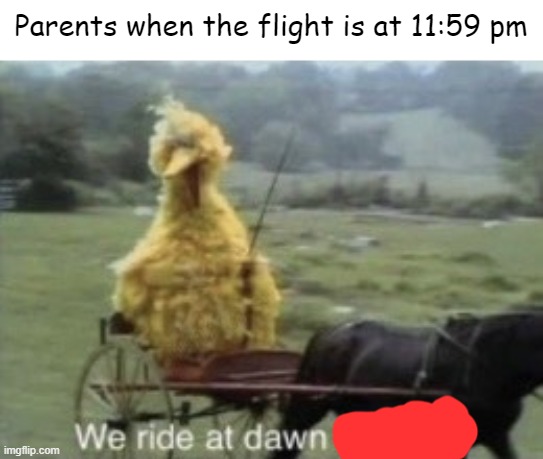 on your feet soldier we are leaving | Parents when the flight is at 11:59 pm | image tagged in we ride at dawn,memes,big bird,airplane,parents,on your feet soldier | made w/ Imgflip meme maker