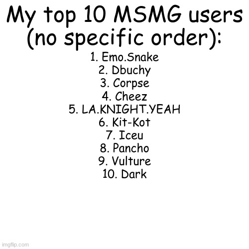 I like them all equally (except Rylie, he's better than all of you wanna-be's) | My top 10 MSMG users
(no specific order):; 1. Emo.Snake
2. Dbuchy
3. Corpse
4. Cheez
5. LA.KNIGHT.YEAH
6. Kit-Kot
7. Iceu
8. Pancho
9. Vulture
10. Dark | made w/ Imgflip meme maker