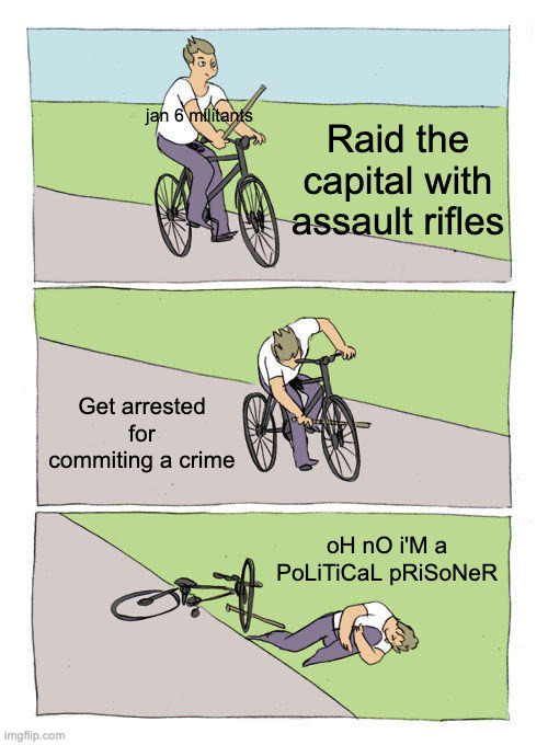 Was this not a predictable outcome? | Raid the capital with assault rifles; jan 6 militants; Get arrested for commiting a crime; oH nO i'M a PoLiTiCaL pRiSoNeR | image tagged in memes,bike fall,jan 6 | made w/ Imgflip meme maker