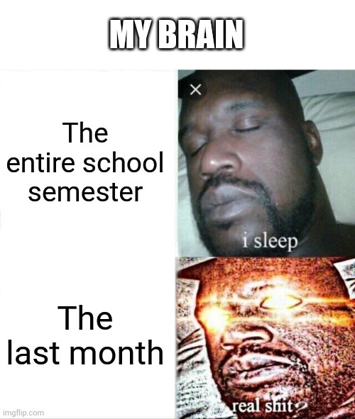 I work | MY BRAIN; The entire school semester; The last month | image tagged in memes,sleeping shaq,funny,school,homework | made w/ Imgflip meme maker