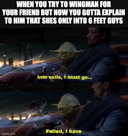 Into exile I must go, Failed I have | WHEN YOU TRY TO WINGMAN FOR YOUR FRIEND BUT NOW YOU GOTTA EXPLAIN TO HIM THAT SHES ONLY INTO 6 FEET GUYS | image tagged in into exile i must go failed i have | made w/ Imgflip meme maker