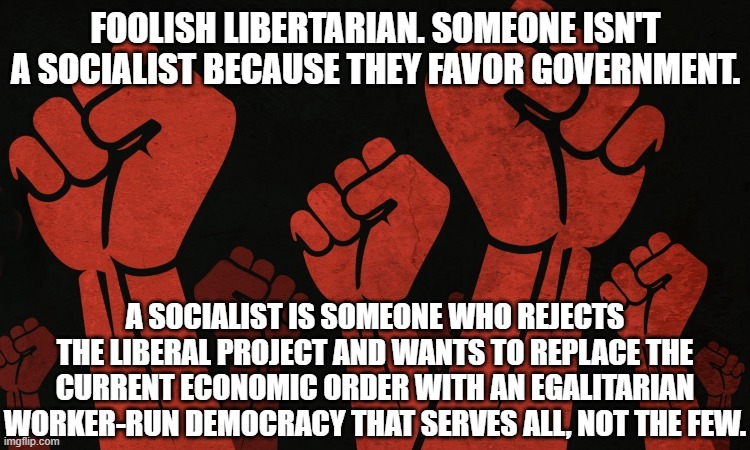 What a socialist is | FOOLISH LIBERTARIAN. SOMEONE ISN'T A SOCIALIST BECAUSE THEY FAVOR GOVERNMENT. A SOCIALIST IS SOMEONE WHO REJECTS THE LIBERAL PROJECT AND WANTS TO REPLACE THE CURRENT ECONOMIC ORDER WITH AN EGALITARIAN WORKER-RUN DEMOCRACY THAT SERVES ALL, NOT THE FEW. | image tagged in communist fist,socialism,communism,capitalism,libertarian,libertarianism | made w/ Imgflip meme maker