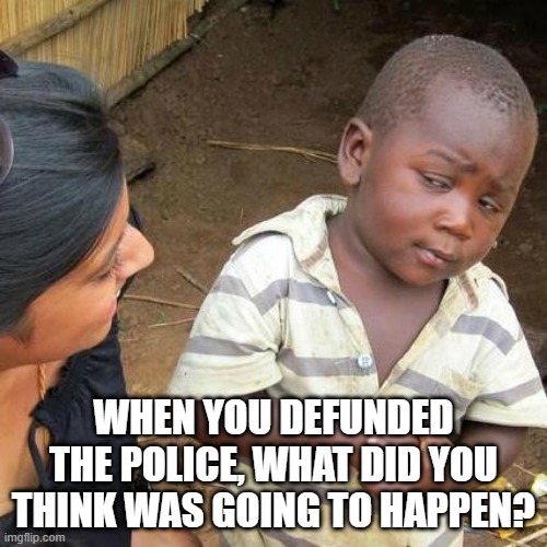 When you defunded police | WHEN YOU DEFUNDED THE POLICE, WHAT DID YOU THINK WAS GOING TO HAPPEN? | image tagged in memes,third world skeptical kid | made w/ Imgflip meme maker