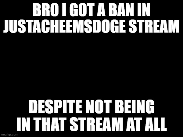 BRO I GOT A BAN IN JUSTACHEEMSDOGE STREAM; DESPITE NOT BEING IN THAT STREAM AT ALL | made w/ Imgflip meme maker